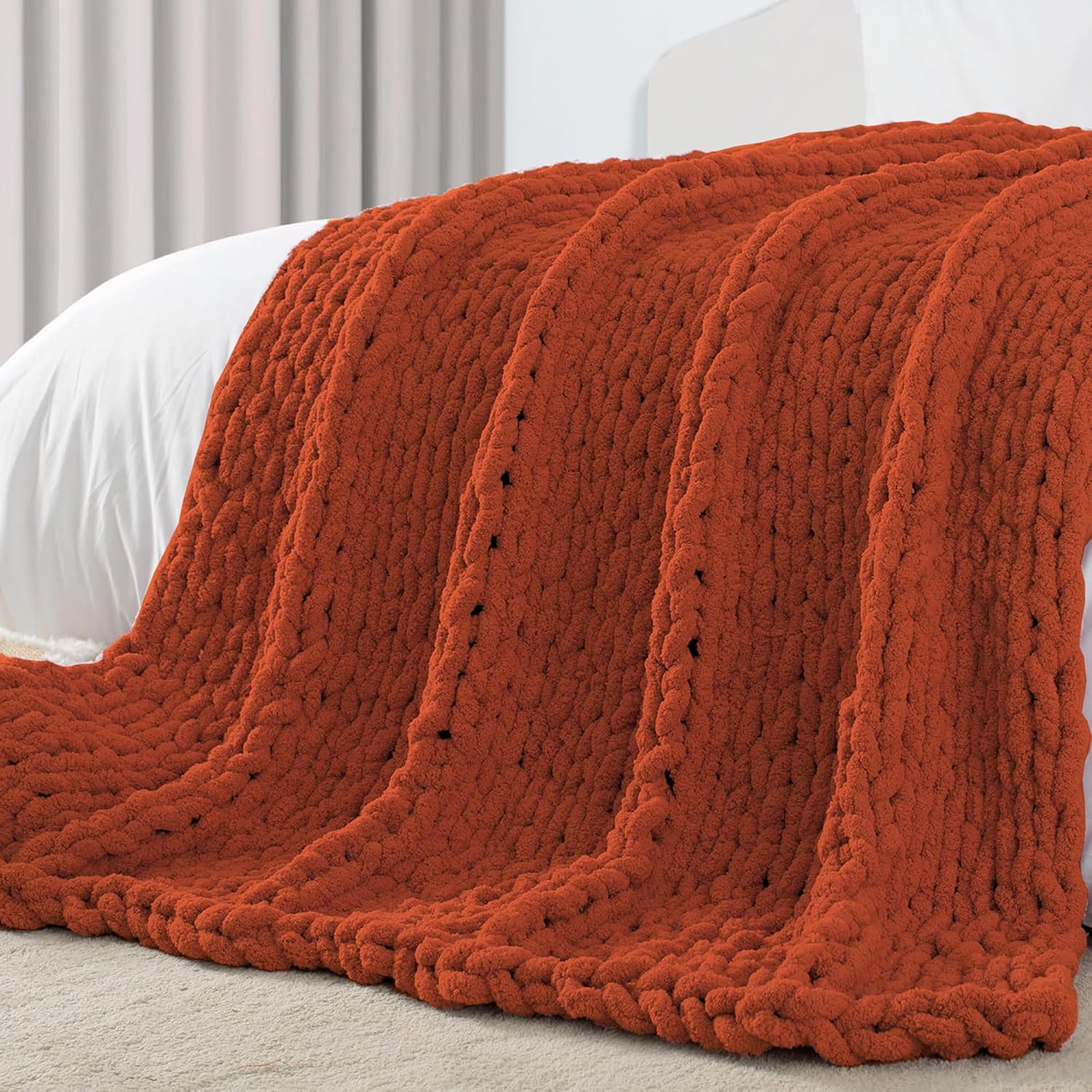 Carriediosa Chunky Knit Throw Blanket 50" X 60", 100% Hand Made Large Chenille Loop Yarn Soft Fluffy Throws for Couch Sofa Bed, Big Crochet Cozy Heavy Thick Cable Woven Blankets, Taupe