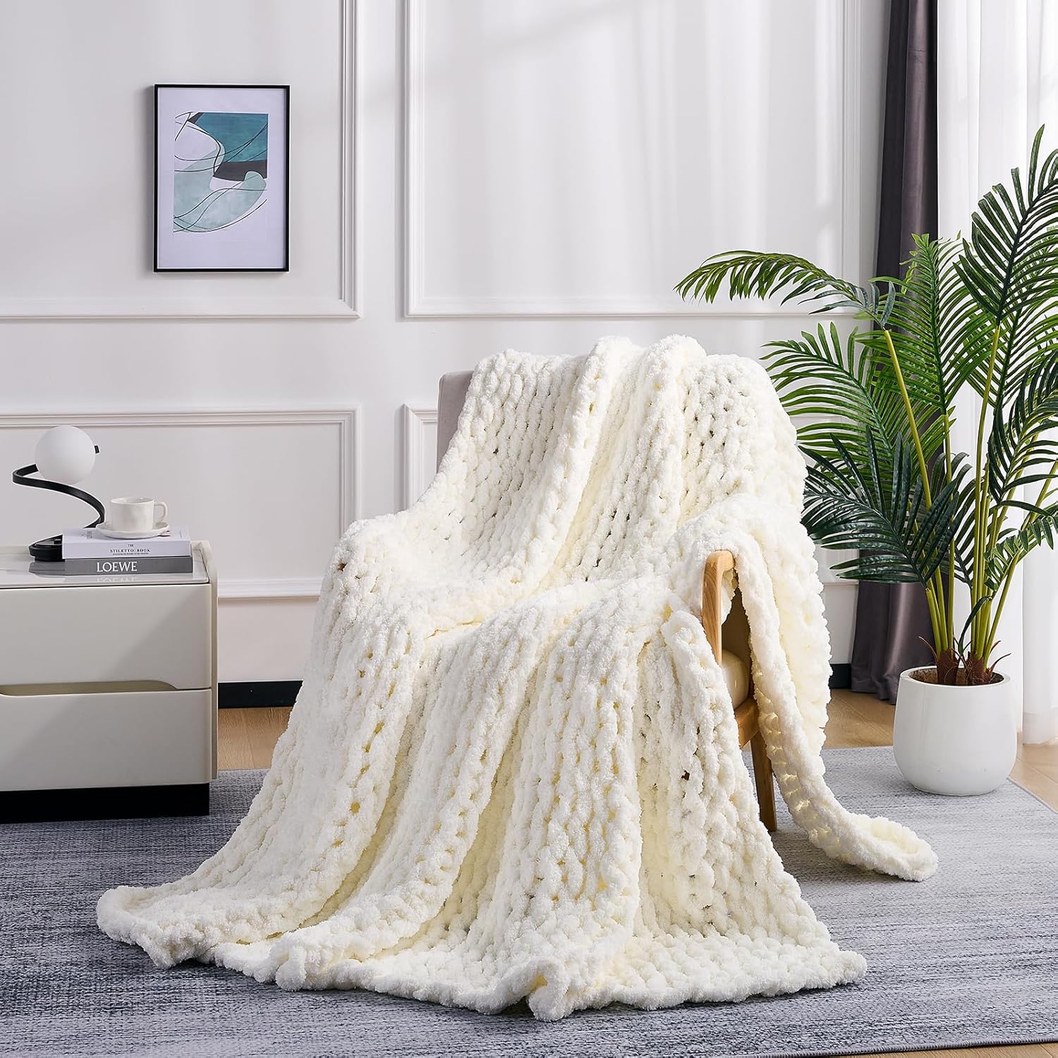 L'AGRATY Chunky Knit Blanket - Soft Chunky Throw 60x80 inches: 100% Hand Kintted Chenile Crochet Throw for Couch - Large Cable Knit Blanket for Home Decor (Ivory)