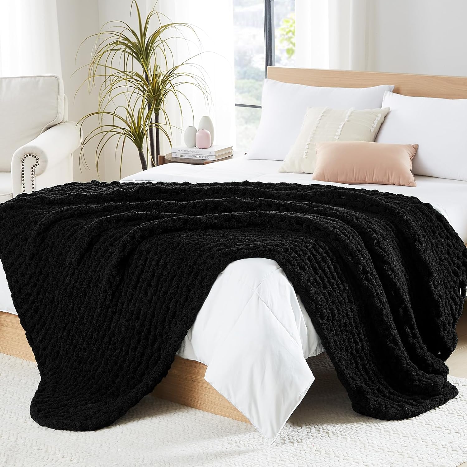 L'AGRATY Chunky Knit Blanket - Soft Chunky Throw 60x80 inches: 100% Hand Kintted Chenile Crochet Throw for Couch - Large Cable Knit Blanket for Home Decor (Ivory)