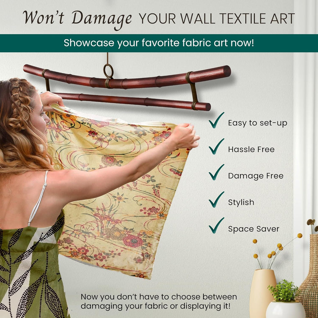 Smoked Bamboo Tapestry Holder, Rug Wall Hanger, Tapestry Wall Hanger, Obi Textile Hanger - Zen Pagoda Style Up to 19", 23", 30" or 36" - Japanese Ikat Kimono Display - Authentically Handmade (Fits 19 Inch tapestry)