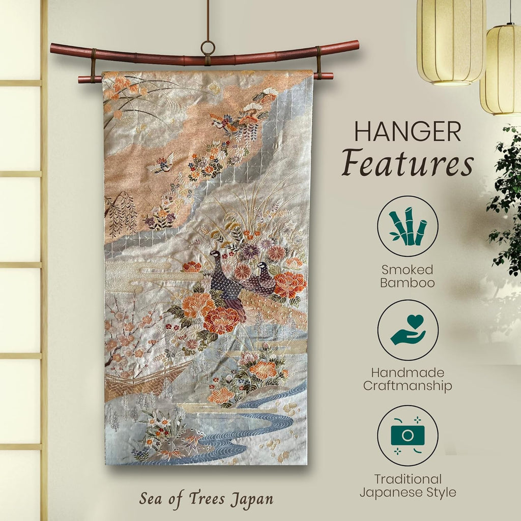 Smoked Bamboo Tapestry Holder, Rug Wall Hanger, Tapestry Wall Hanger, Obi Textile Hanger - Zen Pagoda Style Up to 19", 23", 30" or 36" - Japanese Ikat Kimono Display - Authentically Handmade (Fits 19 Inch tapestry)
