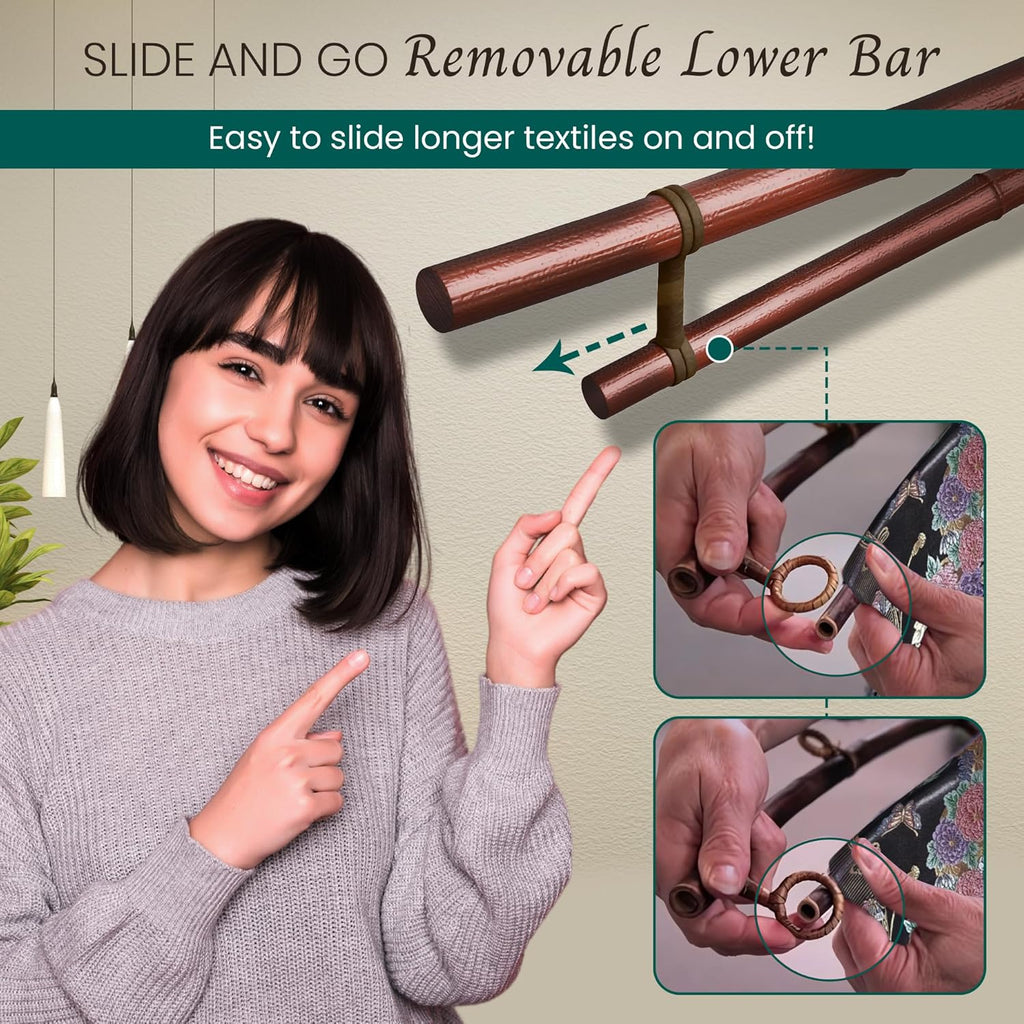 Smoked Bamboo Tapestry Holder, Rug Wall Hanger, Tapestry Wall Hanger, Obi Textile Hanger - Zen Pagoda Style Up to 19", 23", 30" or 36" - Japanese Ikat Kimono Display - Authentically Handmade (Fits 19 Inch tapestry)