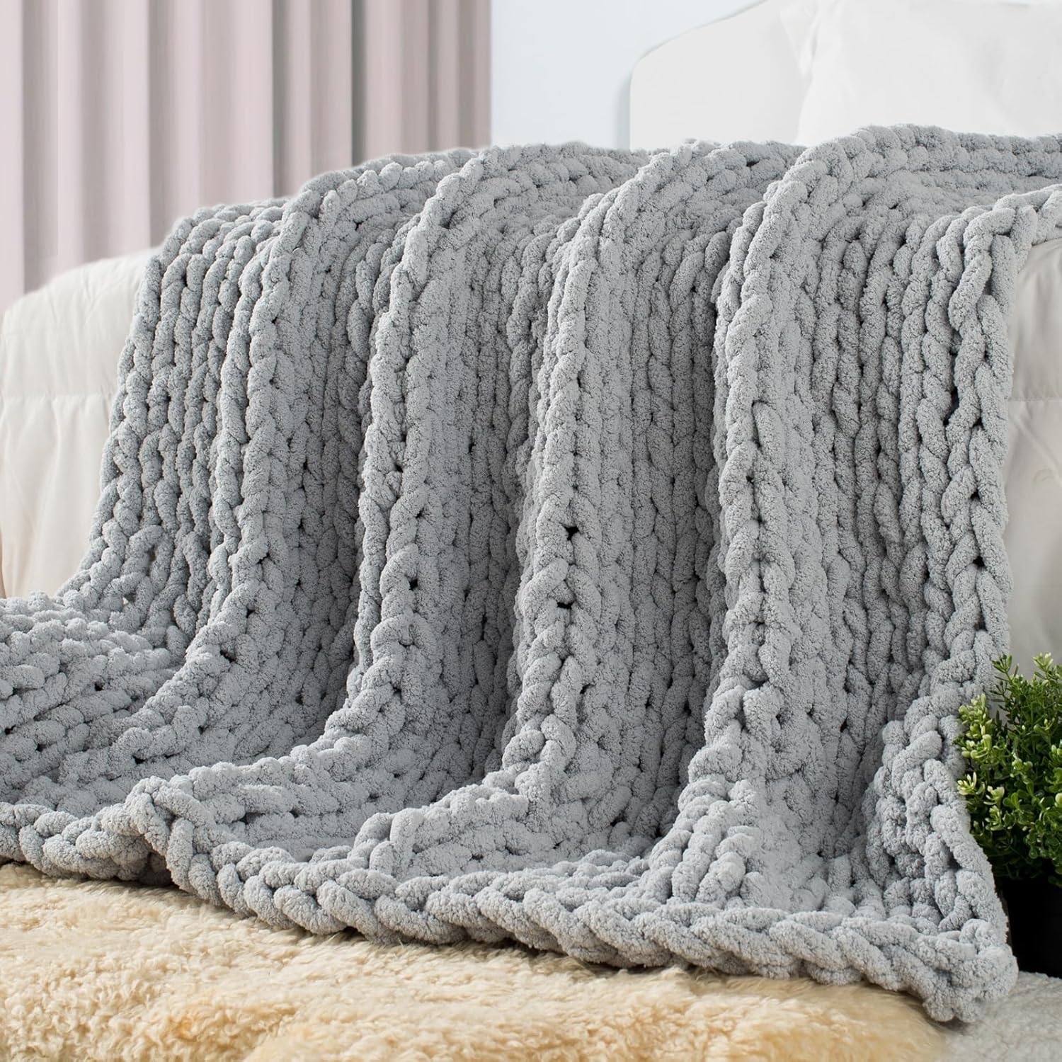 Carriediosa Chunky Knit Throw Blanket 50" X 60", 100% Hand Made Large Chenille Loop Yarn Soft Fluffy Throws for Couch Sofa Bed, Big Crochet Cozy Heavy Thick Cable Woven Blankets, Taupe