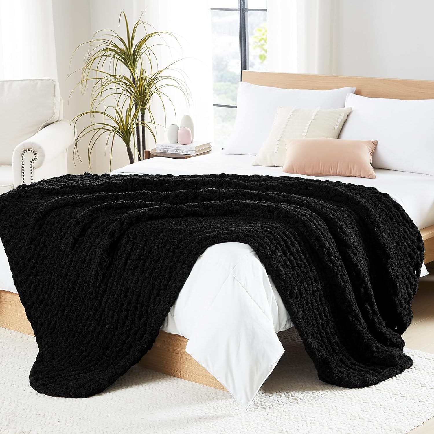 L'AGRATY Chunky Knit Blanket - Soft Chunky Throw 60x80 inches: 100% Hand Kintted Chenile Crochet Throw for Couch - Large Cable Knit Blanket for Home Decor (Ivory)