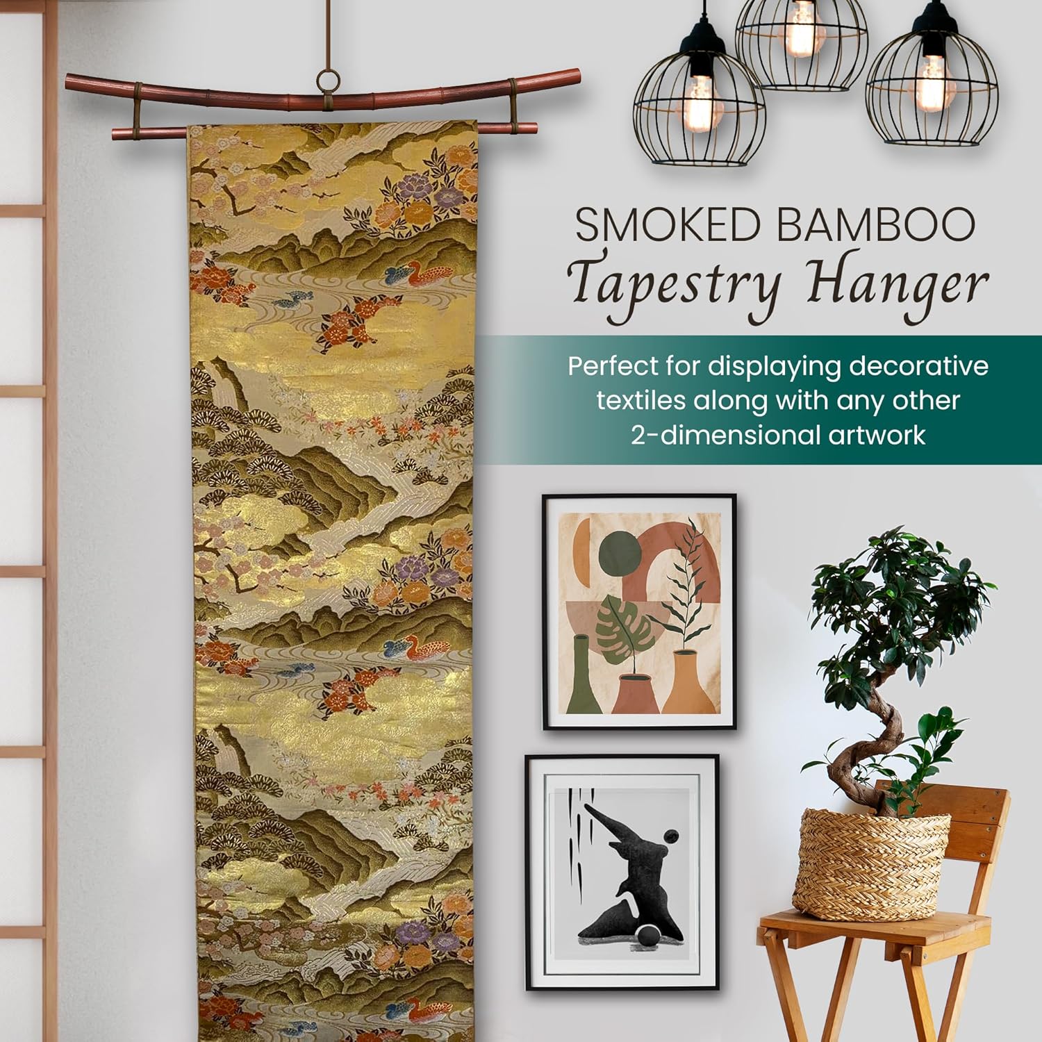 Smoked Bamboo Tapestry Holder, Rug Wall Hanger, Tapestry Wall Hanger, Obi Textile Hanger - Zen Pagoda Style Up to 19", 23", 30" or 36" - Japanese Ikat Kimono Display - Authentically Handmade (Fits 19 Inch tapestry)
