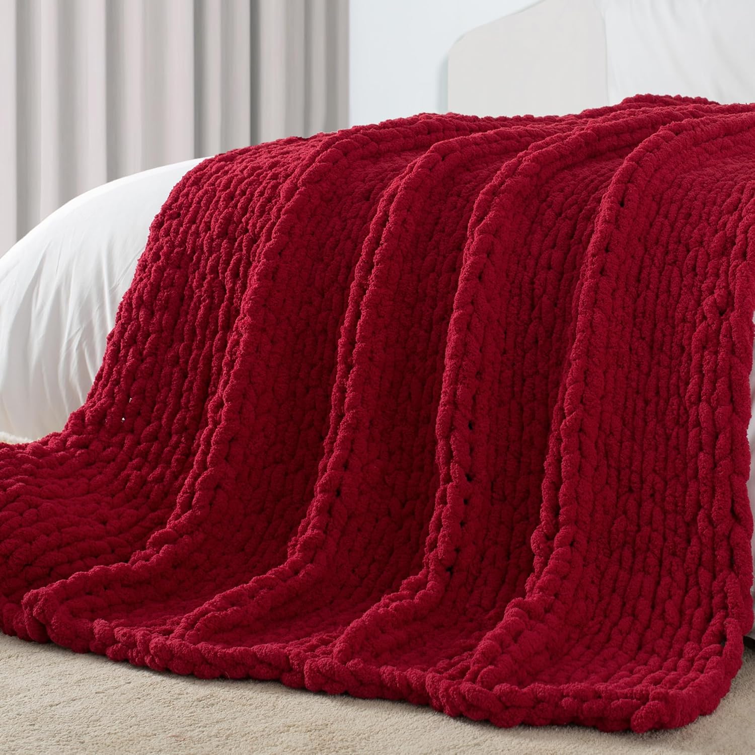 Carriediosa Chunky Knit Throw Blanket 50" X 60", 100% Hand Made Large Chenille Loop Yarn Soft Fluffy Throws for Couch Sofa Bed, Big Crochet Cozy Heavy Thick Cable Woven Blankets, Taupe