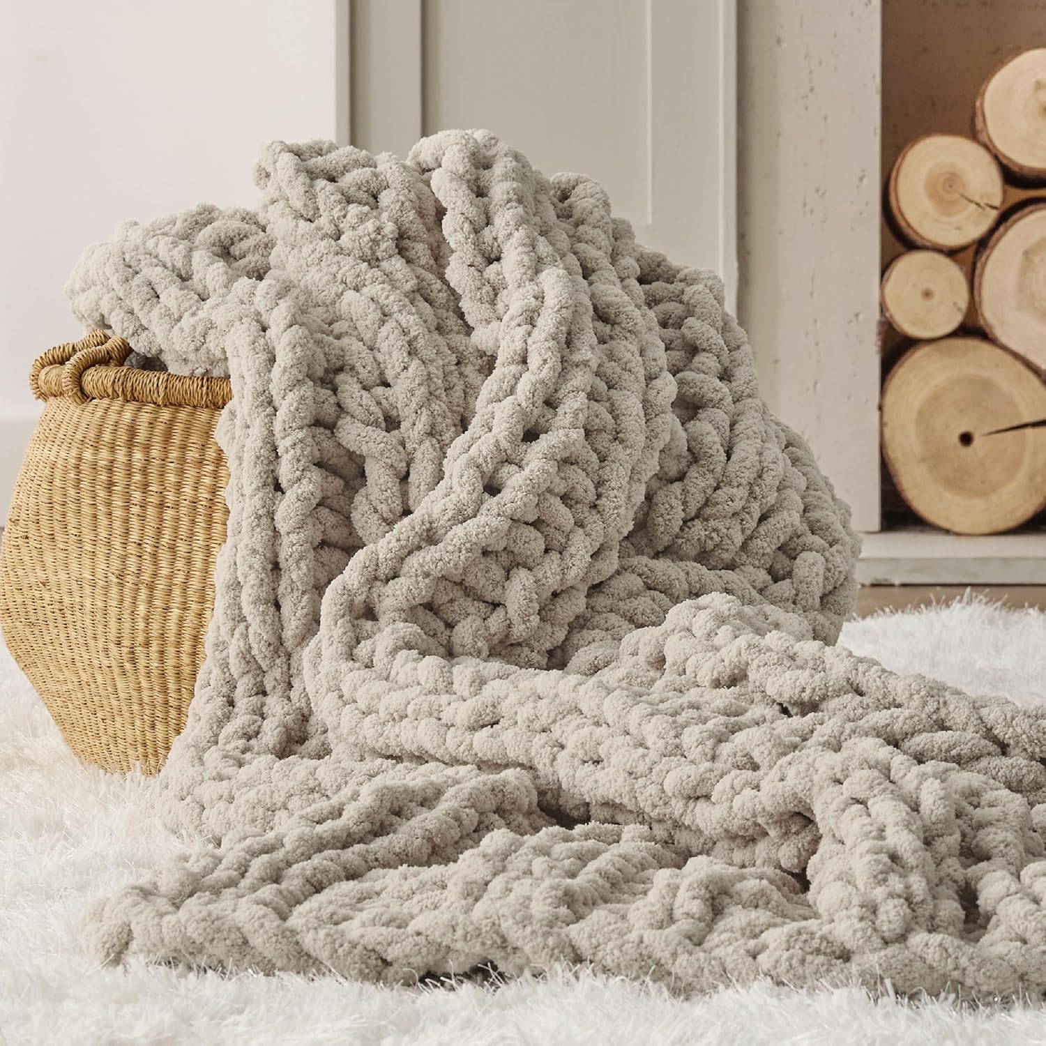 Bedsure Chunky Knit Throw Blanket for Couch - 100% Hand Knitted, 5.06 lbs GentleSoft Blanket with Giant Chenille Yarn for Bed Living Room Home Decor, Thick and Cozy, Cream White, 50x60 Inches