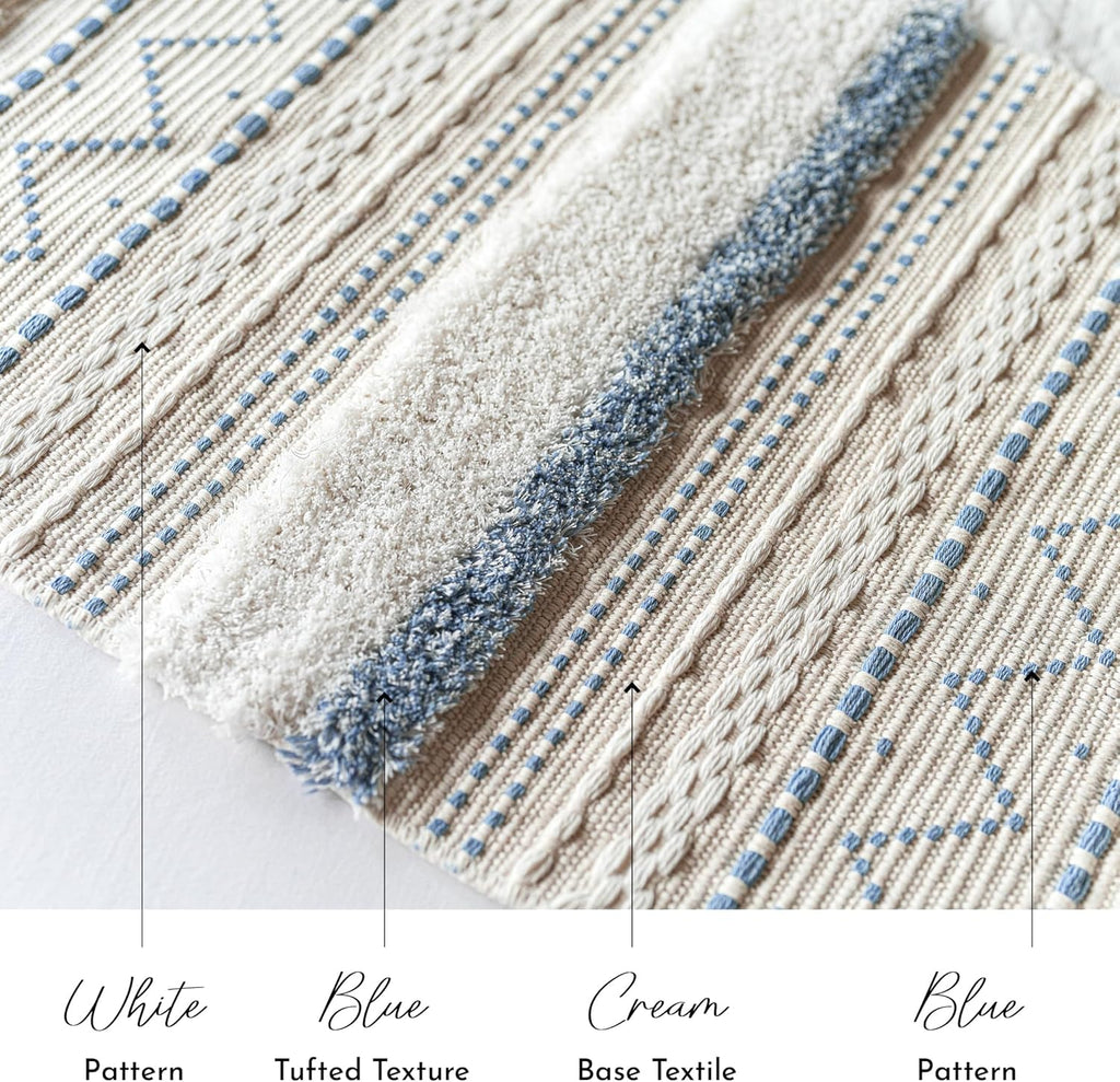 BlissBlush Long Vertical Wall Hanging Tapestry Coastal Blue Woven Boho Farmhouse Décor Tassel Handmade Wall Art Decoration for Bedroom Living Room Dorm Nursery Apartment, 16x39 INCH