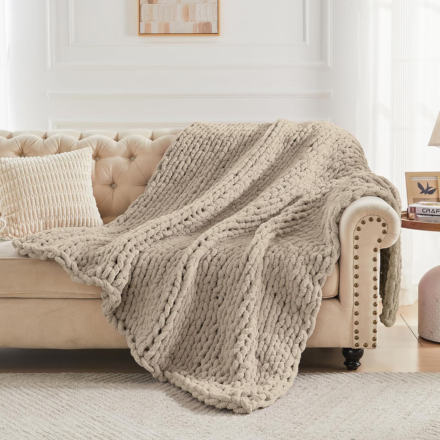 Carriediosa Chunky Knit Throw Blanket 50" X 60", 100% Hand Made Large Chenille Loop Yarn Soft Fluffy Throws for Couch Sofa Bed, Big Crochet Cozy Heavy Thick Cable Woven Blankets, Taupe
