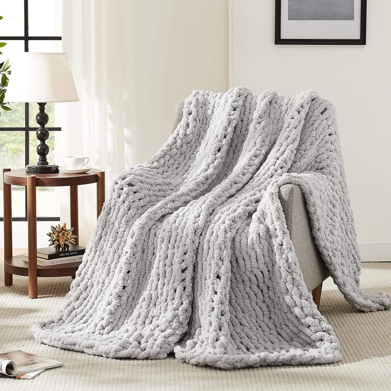L'AGRATY Chunky Knit Blanket - Soft Chunky Throw 60x80 inches: 100% Hand Kintted Chenile Crochet Throw for Couch - Large Cable Knit Blanket for Home Decor (Ivory)