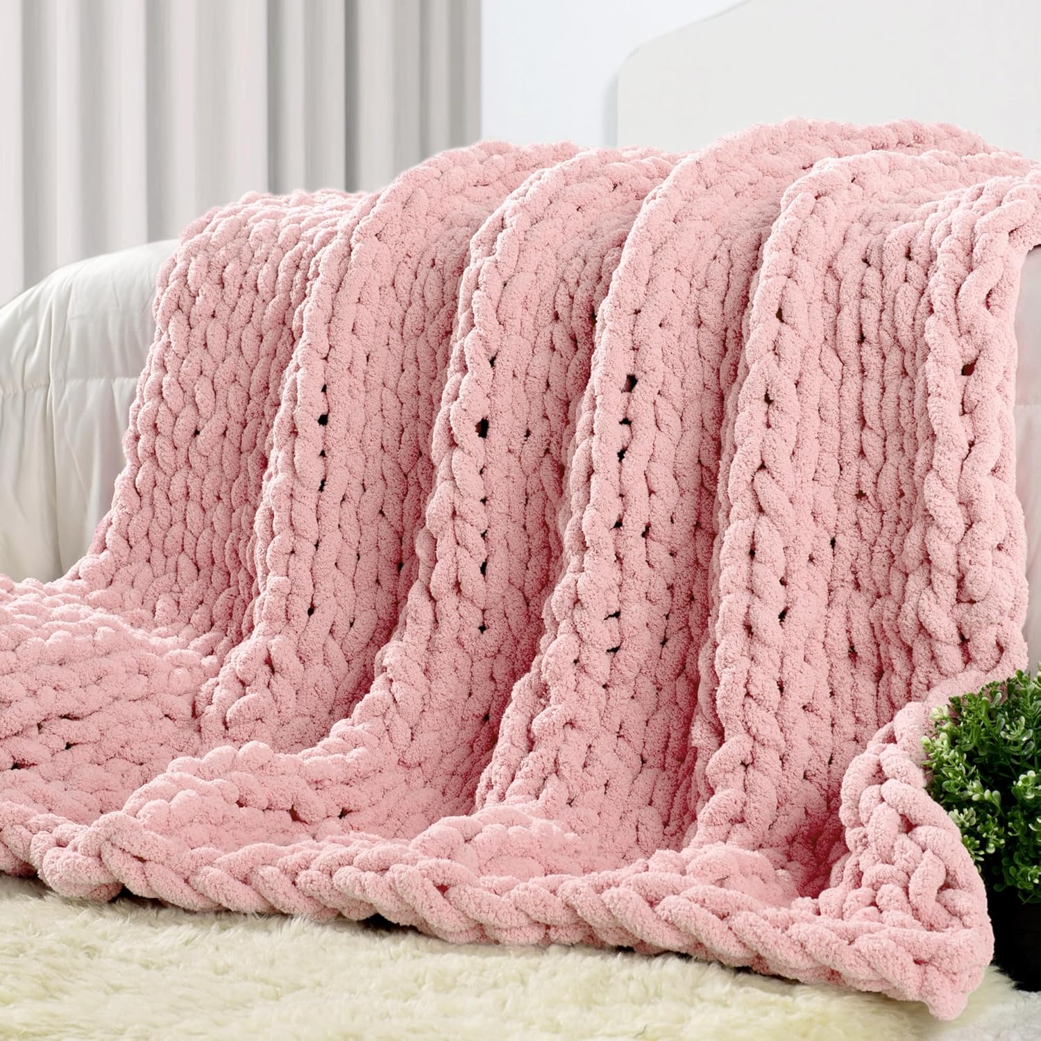 Carriediosa Chunky Knit Throw Blanket 50" X 60", 100% Hand Made Large Chenille Loop Yarn Soft Fluffy Throws for Couch Sofa Bed, Big Crochet Cozy Heavy Thick Cable Woven Blankets, Taupe