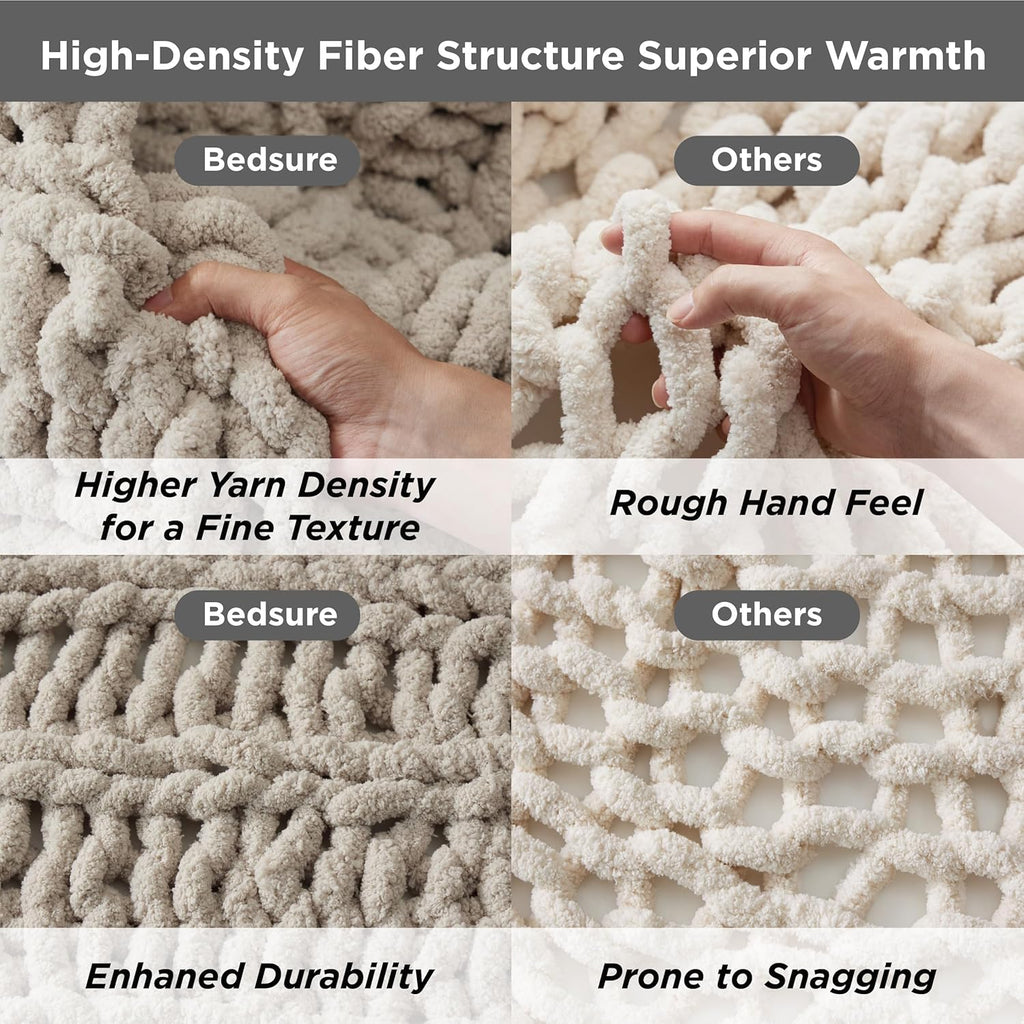 Bedsure Chunky Knit Throw Blanket for Couch - 100% Hand Knitted, 5.06 lbs GentleSoft Blanket with Giant Chenille Yarn for Bed Living Room Home Decor, Thick and Cozy, Linen Beige, 50x60 Inches