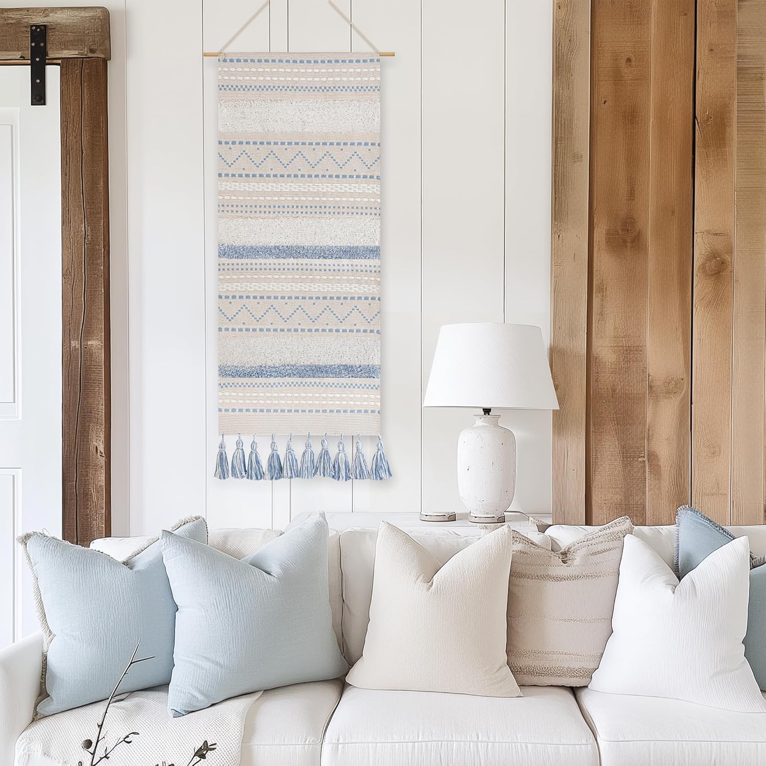 BlissBlush Long Vertical Wall Hanging Tapestry Coastal Blue Woven Boho Farmhouse Décor Tassel Handmade Wall Art Decoration for Bedroom Living Room Dorm Nursery Apartment, 16x39 INCH
