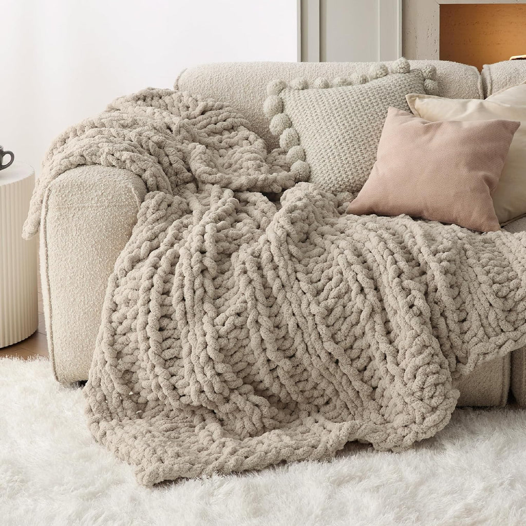 Bedsure Chunky Knit Throw Blanket for Couch - 100% Hand Knitted, 5.06 lbs GentleSoft Blanket with Giant Chenille Yarn for Bed Living Room Home Decor, Thick and Cozy, Linen Beige, 50x60 Inches