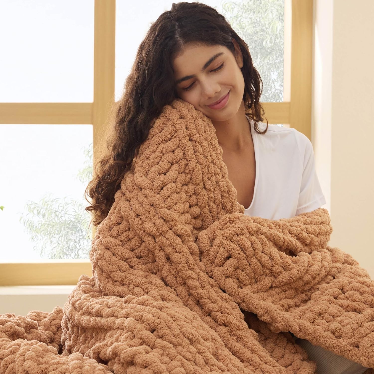 Bedsure Chunky Knit Throw Blanket for Couch - 100% Hand Knitted, 5.06 lbs GentleSoft Blanket with Giant Chenille Yarn for Bed Living Room Home Decor, Thick and Cozy, Linen Beige, 50x60 Inches