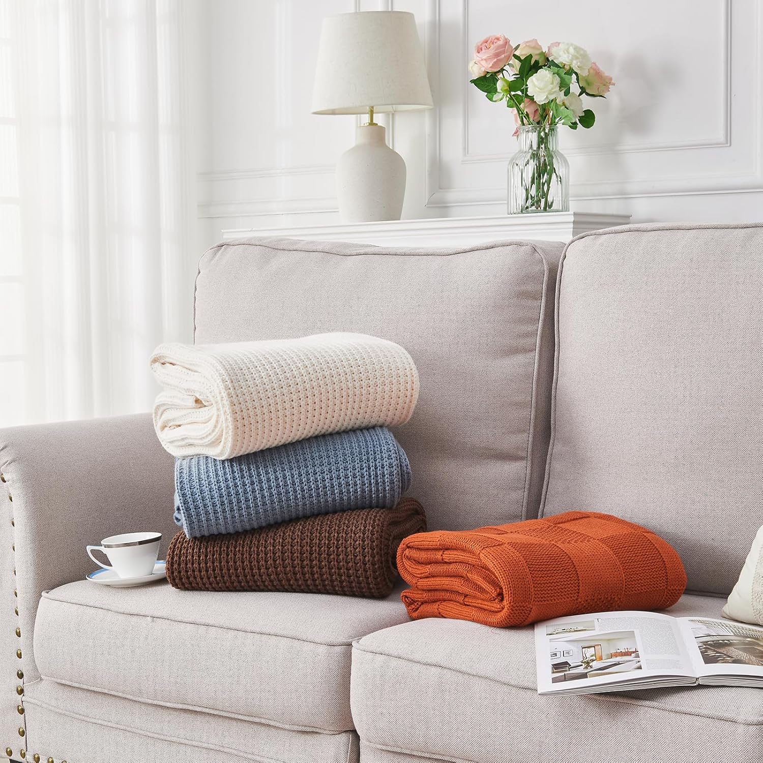 Douceur Brown Throw Blanket for Bed, Soft Chunky Cable Knit Throw Blanket, Classic Fisherman's Rib Stitch Pattern Throw for Living Room,60"X80"