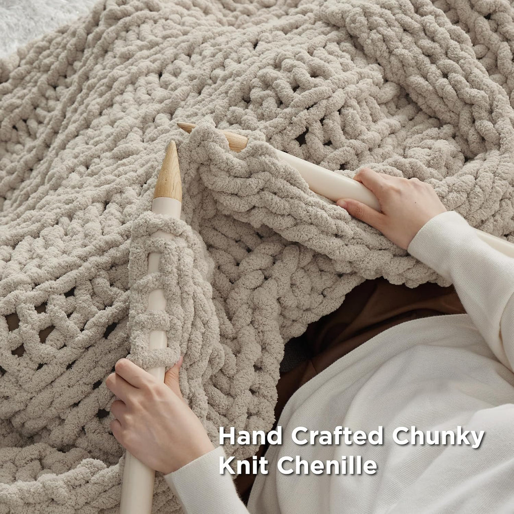 Bedsure Chunky Knit Throw Blanket for Couch - 100% Hand Knitted, 5.06 lbs GentleSoft Blanket with Giant Chenille Yarn for Bed Living Room Home Decor, Thick and Cozy, Linen Beige, 50x60 Inches