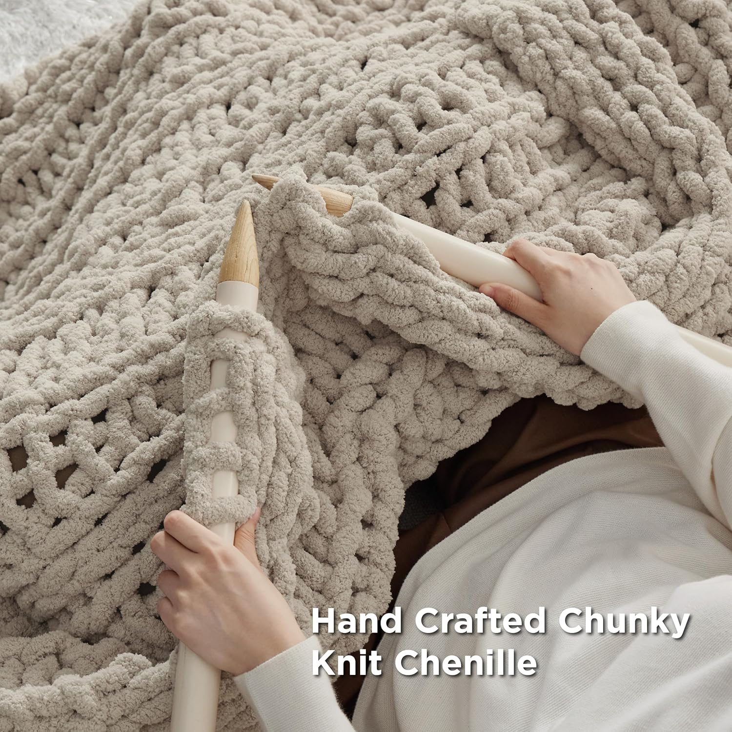 Bedsure Chunky Knit Throw Blanket for Couch - 100% Hand Knitted, 5.06 lbs GentleSoft Blanket with Giant Chenille Yarn for Bed Living Room Home Decor, Thick and Cozy, Linen Beige, 50x60 Inches