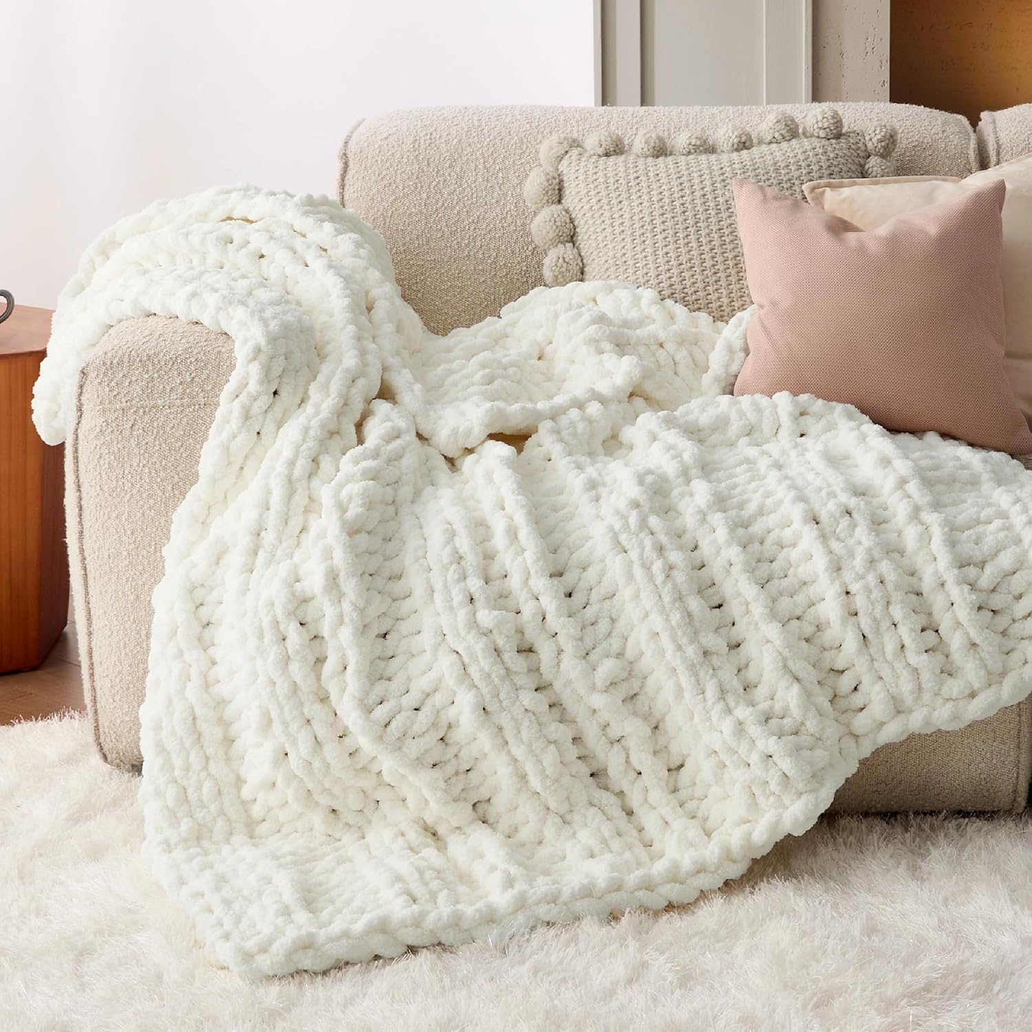 Bedsure Chunky Knit Throw Blanket for Couch - 100% Hand Knitted, 5.06 lbs GentleSoft Blanket with Giant Chenille Yarn for Bed Living Room Home Decor, Thick and Cozy, Cream White, 50x60 Inches