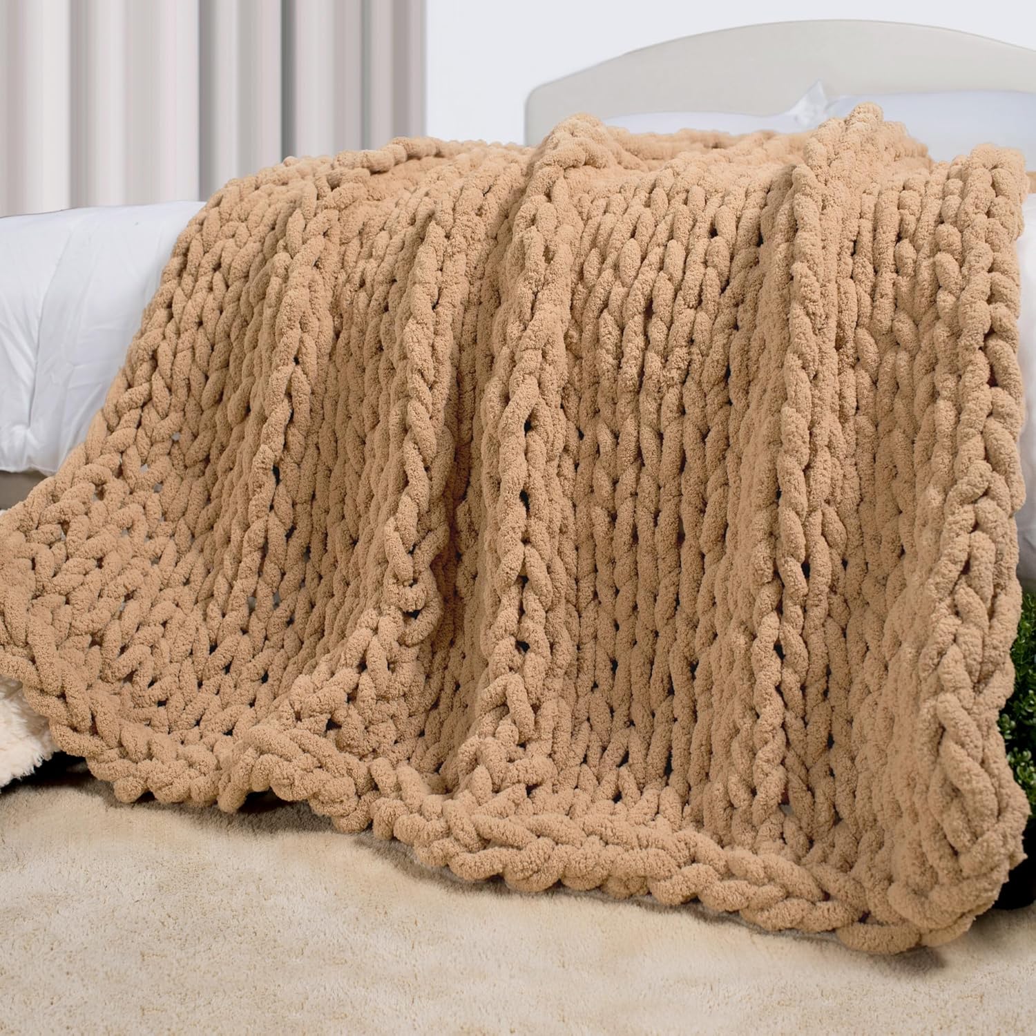 Carriediosa Chunky Knit Throw Blanket 50" X 60", 100% Hand Made Large Chenille Loop Yarn Soft Fluffy Throws for Couch Sofa Bed, Big Crochet Cozy Heavy Thick Cable Woven Blankets, Taupe