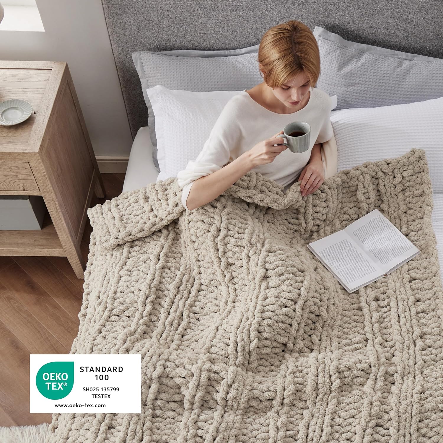 Bedsure Chunky Knit Throw Blanket for Couch - 100% Hand Knitted, 5.06 lbs GentleSoft Blanket with Giant Chenille Yarn for Bed Living Room Home Decor, Thick and Cozy, Linen Beige, 50x60 Inches