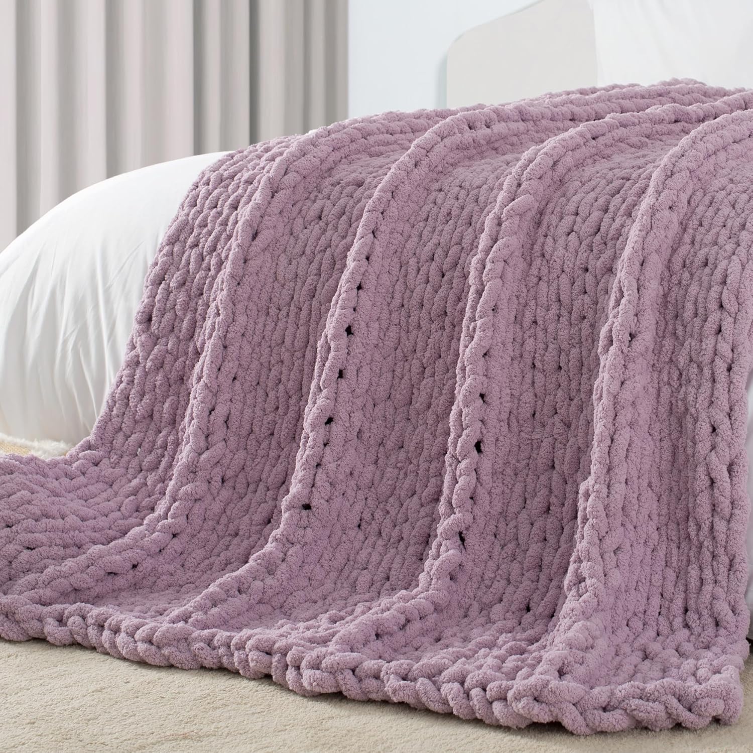 Carriediosa Chunky Knit Throw Blanket 50" X 60", 100% Hand Made Large Chenille Loop Yarn Soft Fluffy Throws for Couch Sofa Bed, Big Crochet Cozy Heavy Thick Cable Woven Blankets, Taupe