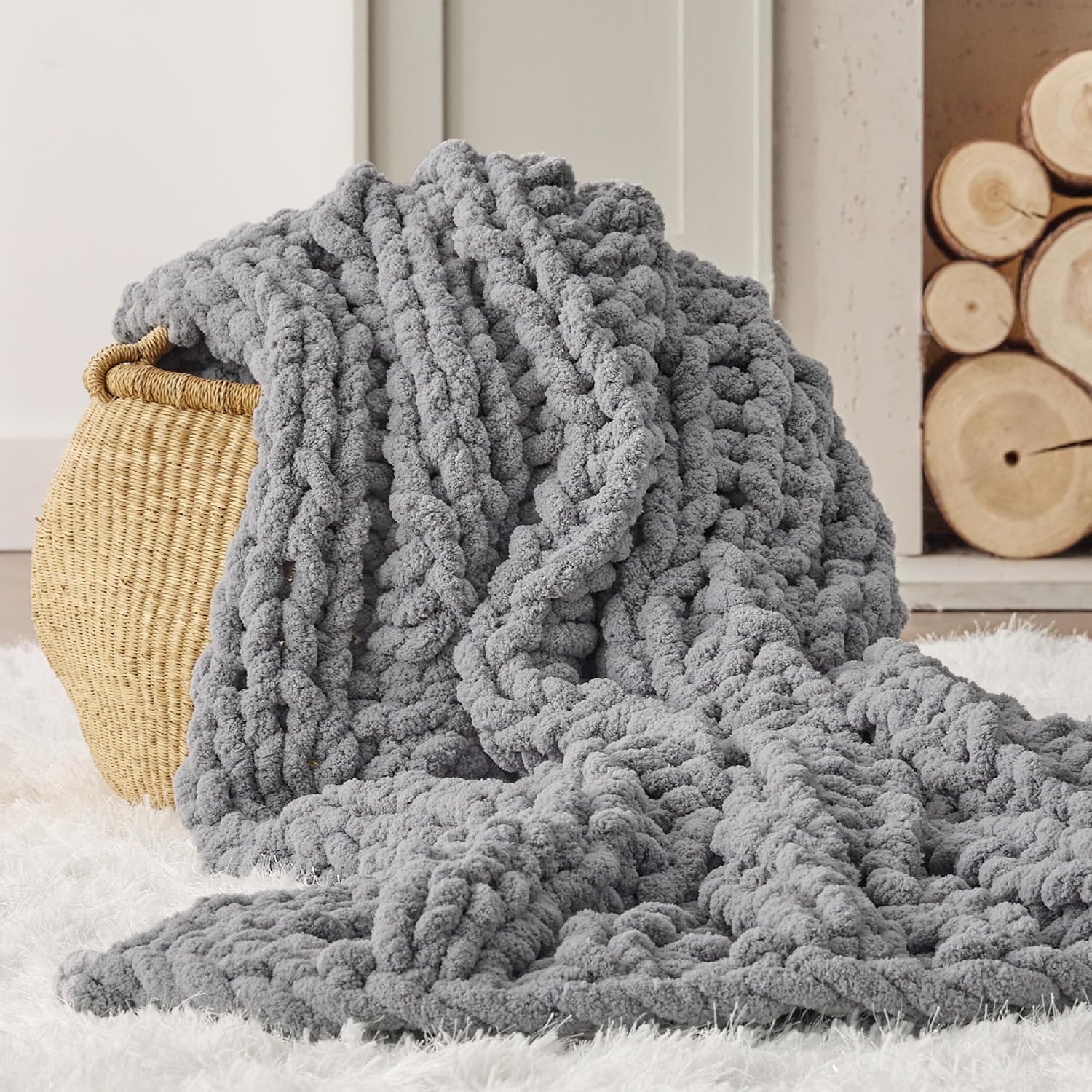 Bedsure Chunky Knit Throw Blanket for Couch - 100% Hand Knitted, 5.06 lbs GentleSoft Blanket with Giant Chenille Yarn for Bed Living Room Home Decor, Thick and Cozy, Linen Beige, 50x60 Inches