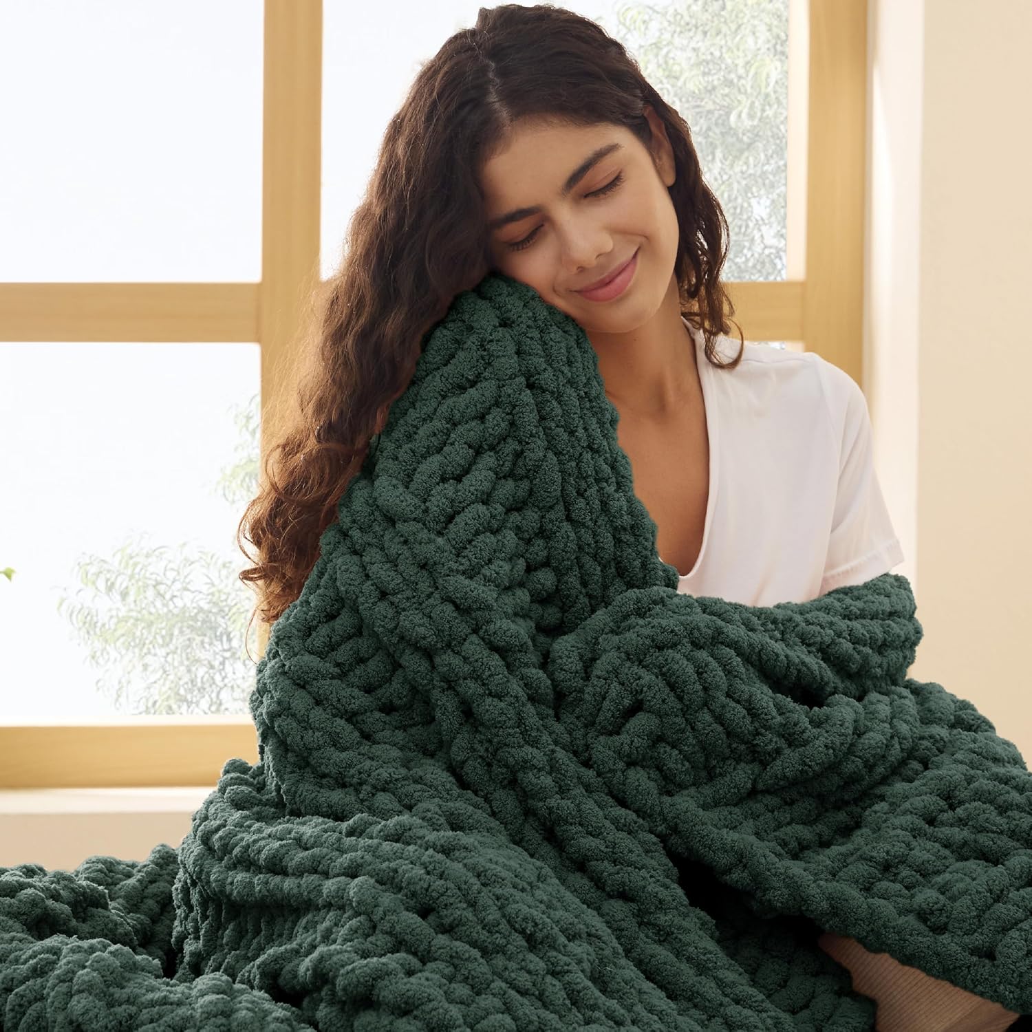 Bedsure Chunky Knit Throw Blanket for Couch - 100% Hand Knitted, 5.06 lbs GentleSoft Blanket with Giant Chenille Yarn for Bed Living Room Home Decor, Thick and Cozy, Linen Beige, 50x60 Inches