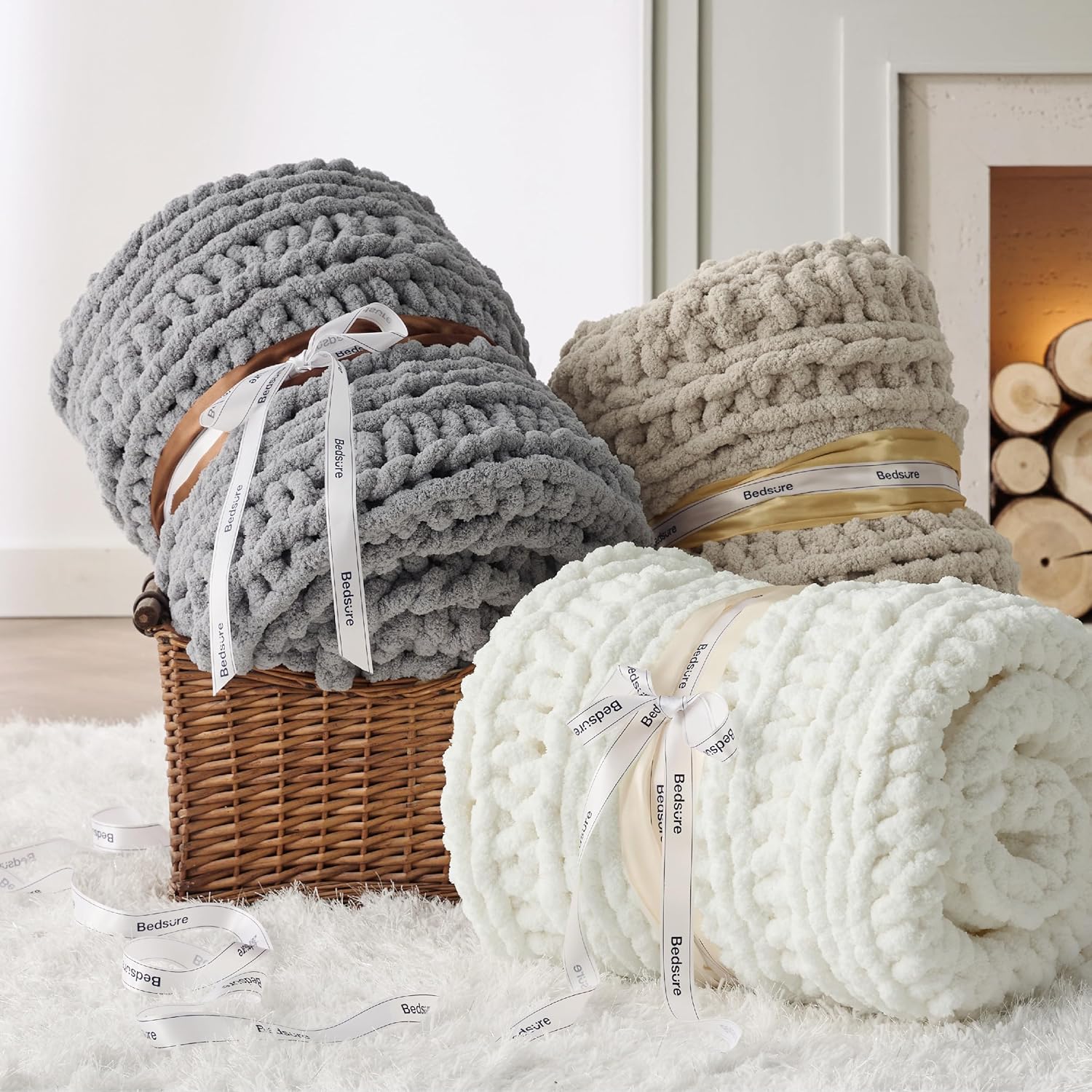 Bedsure Chunky Knit Throw Blanket for Couch - 100% Hand Knitted, 5.06 lbs GentleSoft Blanket with Giant Chenille Yarn for Bed Living Room Home Decor, Thick and Cozy, Cream White, 50x60 Inches